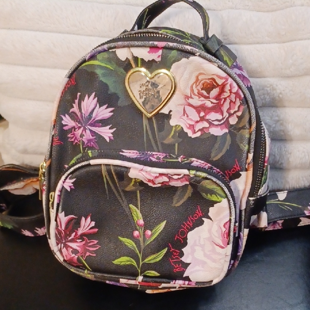 Betsey Johnson Black and Pink Floral Backpack